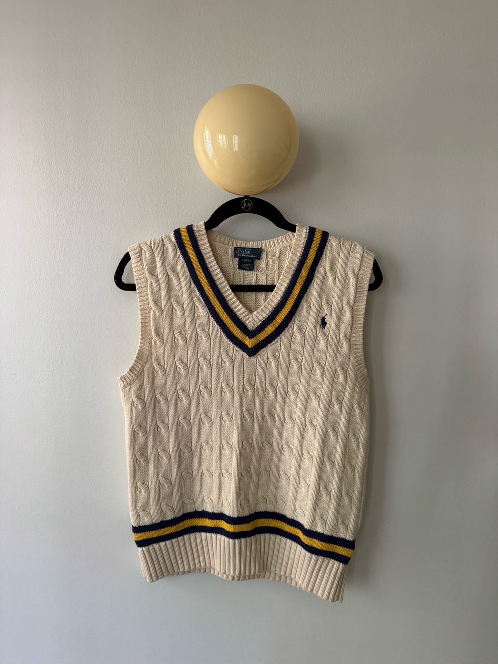 Vintage Polo Ralph Lauren Cricket Sweater Vest Cable Knit Cream Navy Yellow